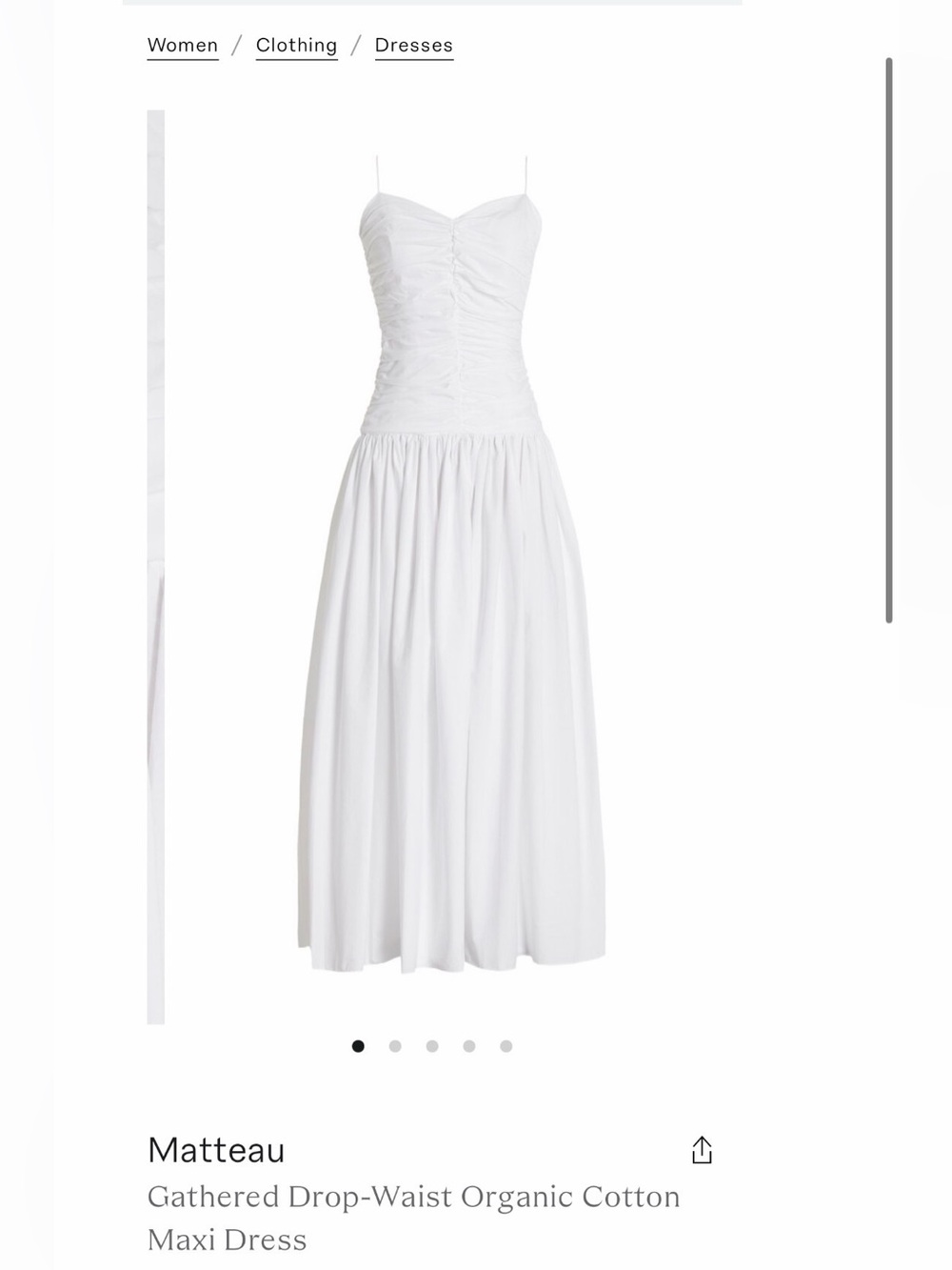 NWT Matteau White Ruched Bodice Spaghetti-Strap Midi Dress